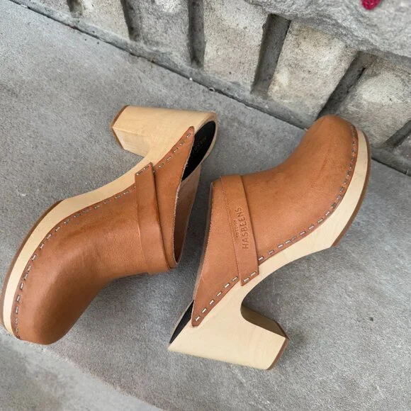 NEW SWEDISH HASBEENS SLIP IN 10 Women's Wooden Leather Clog Mule Shoe NWOB - Picture 2 of 12